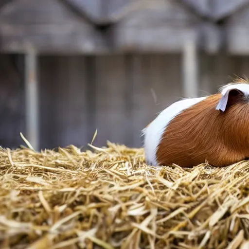 Image similar to a guinea pig wearing white wings, flying in a field of hay