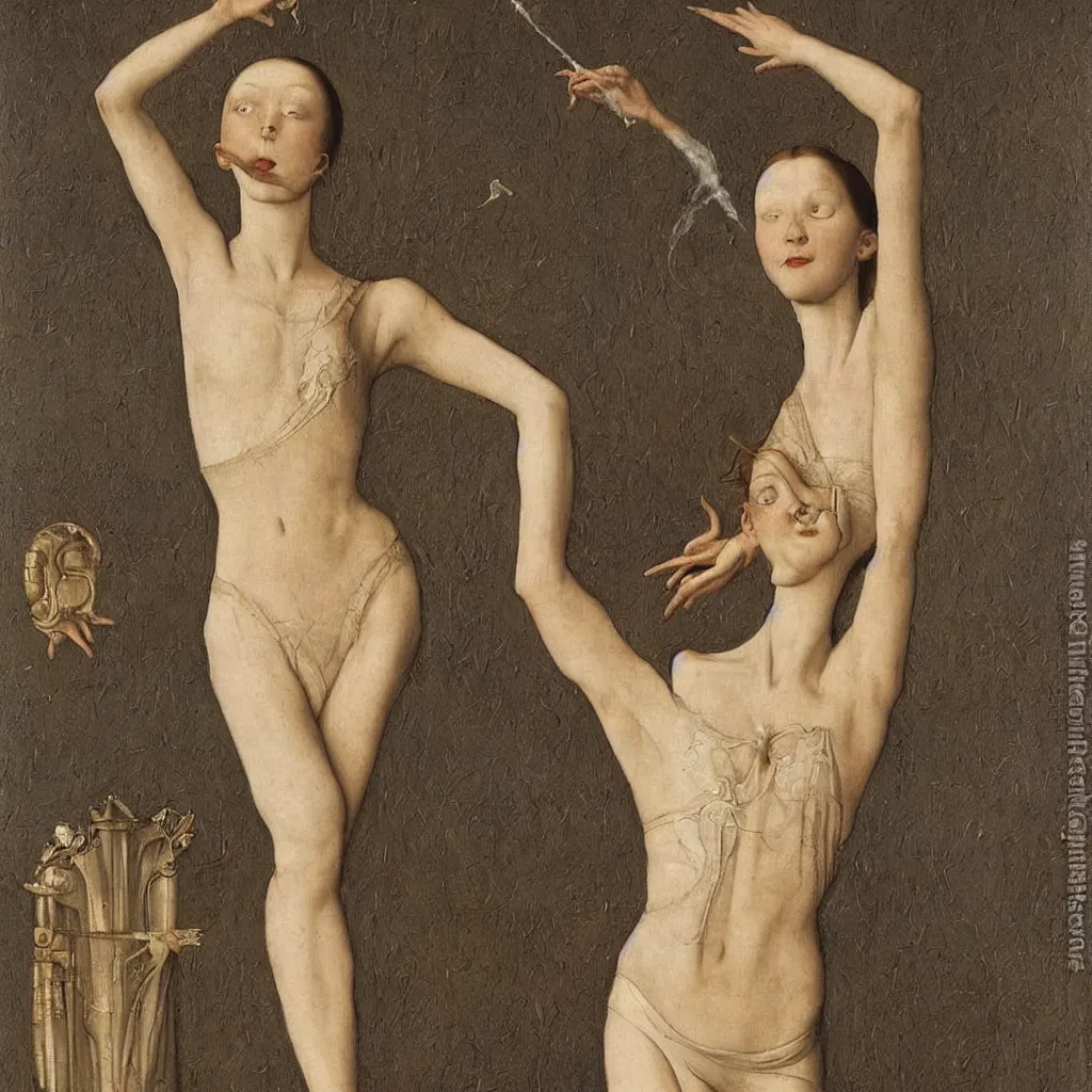 Image similar to a graceful detailed ballerina leaving a chromatic trail of smoke by h. r. giger, by hans memling