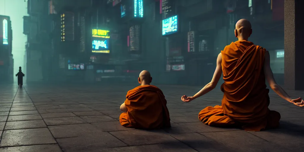 Prompt: meditating monk in cyberpunk style, ultra realistic 8 k resolution.