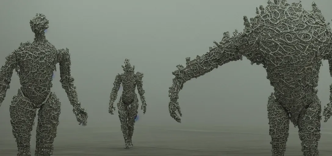 Prompt: a complex organic fractal 3 d metallic symbiotic ceramic humanoid megastructure creature in a suburban neighborhood, foggy, cinematic shot, photo still from movie by denis villeneuve, wayne barlowe