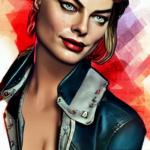 Image similar to margot robbie portrait, borderlands, tales from the borderlands, the wolf among us, comic, cinematic lighting, studio quality, 8 k