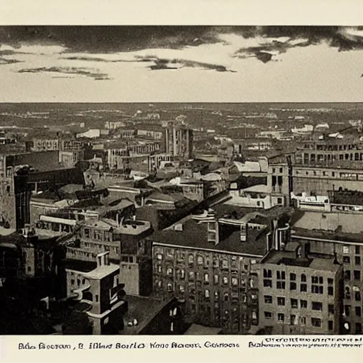 Prompt: balcony view of 1 9 2 5 boston with a broken sky