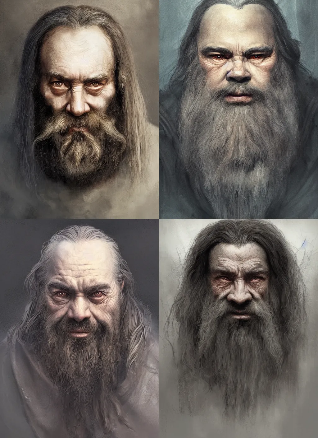 Prompt: portrait of a gentle and wise dwarf with long hairs in alan lee and marc simonetti and emil melmoth style , cinematic lighting