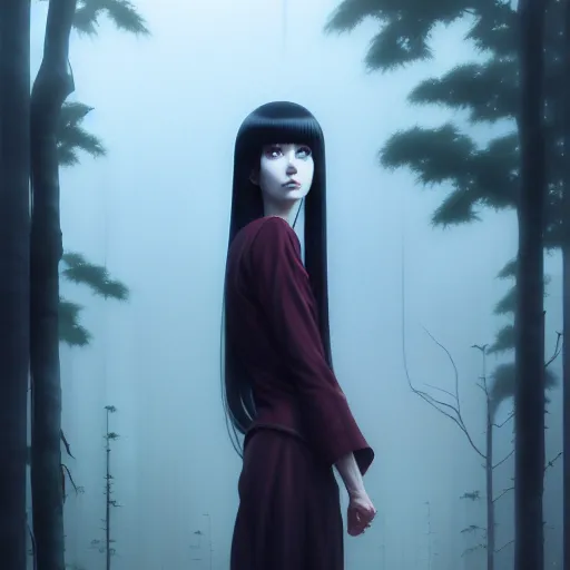 Prompt: very tall girl by junji ito, green eyes and very extremely long black hair by ilya kuvshinov, tom bagshaw, rtx reflections, octane render 1 2 8 k, extreme high intricate details by wlop, digital anime art by ross tran, wide shot, composition by tom bagshaw, lighting by wlop