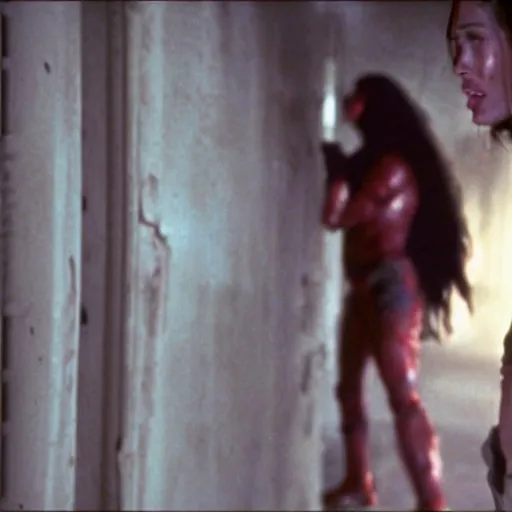 Prompt: film still of Megan Fox being held against a wall by a predator in the movie Alien.