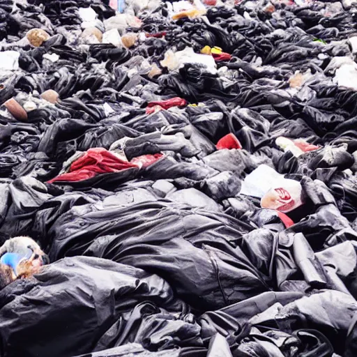 Prompt: photograph of a mountain of garbage bags, cinematic, beautiful melancholic