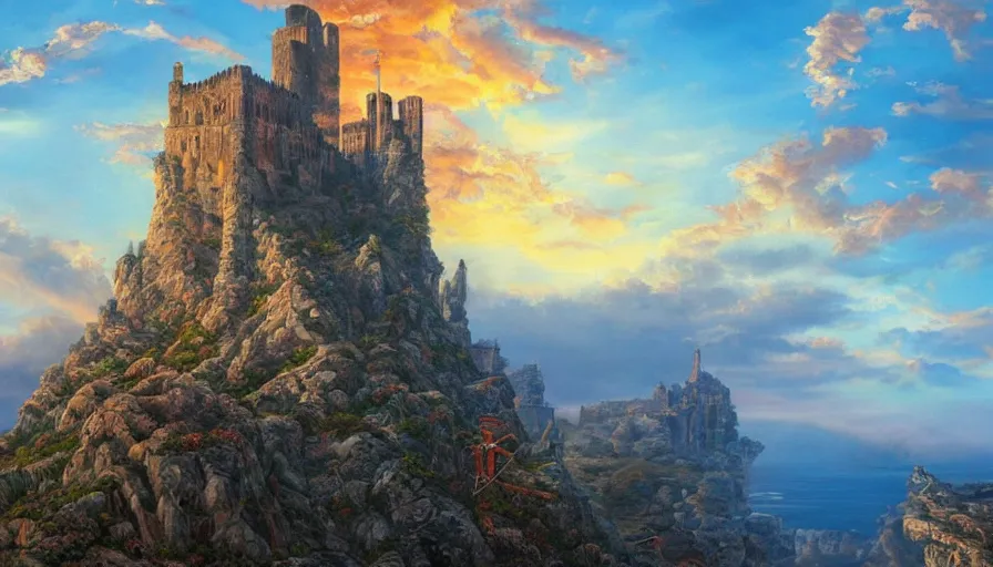 Prompt: Gorgeous monumental castle on a cliff\'s edge, fractal structure with spires and towers, sunset with ribbon clouds, detailed oil painting, hyperrealistic