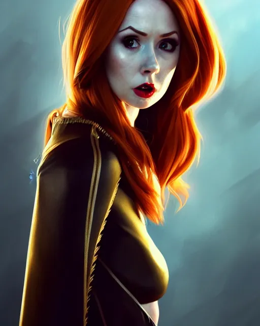 Image similar to Karen Gillan Batgirl, redhead, full body Batgirl torn costume with cape, no mask, bruised, symmetrical face symmetrical eyes, fight pose, illustration, artstation, cinematic lighting, hyperdetailed, cgsociety, 8k, high resolution, Charlie Bowater, Tom Bagshaw, Norman Rockwell, insanely detailed and intricate
