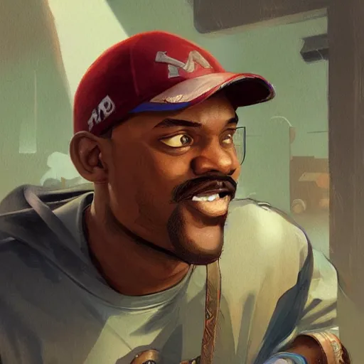 Image similar to cj from gta san andreas as super mario, highly detailed, digital painting, artstation, concept art, sharp focus, illustration, art by greg rutkowski and alphonse mucha