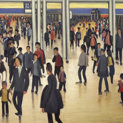 Image similar to painting of commuters heading to the central business district of singapore, painted by laurence stephen lowry, oil on canvas, national gallery