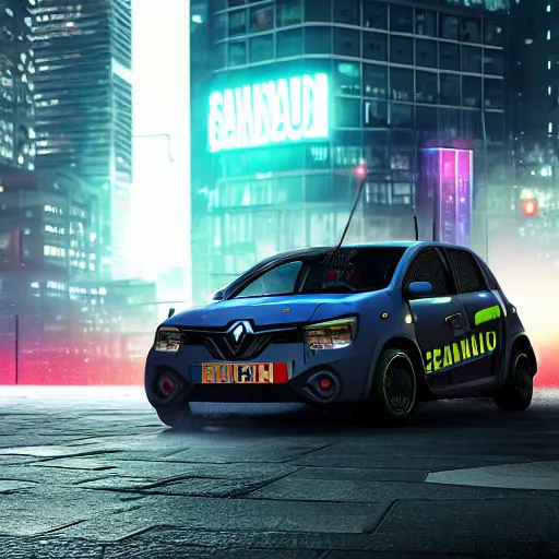 Image similar to octane render of new cyberpunk version of Renault sandero from 2077 in the city of future