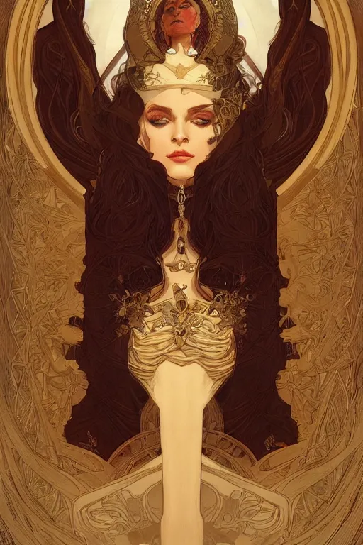 Prompt: high priestess, intricate, elegant, highly detailed, concept art, sharp focus, beautiful face!!, digital art, smooth defined outlines!!, by Brom, trending on Artstation, Alphonse Mucha