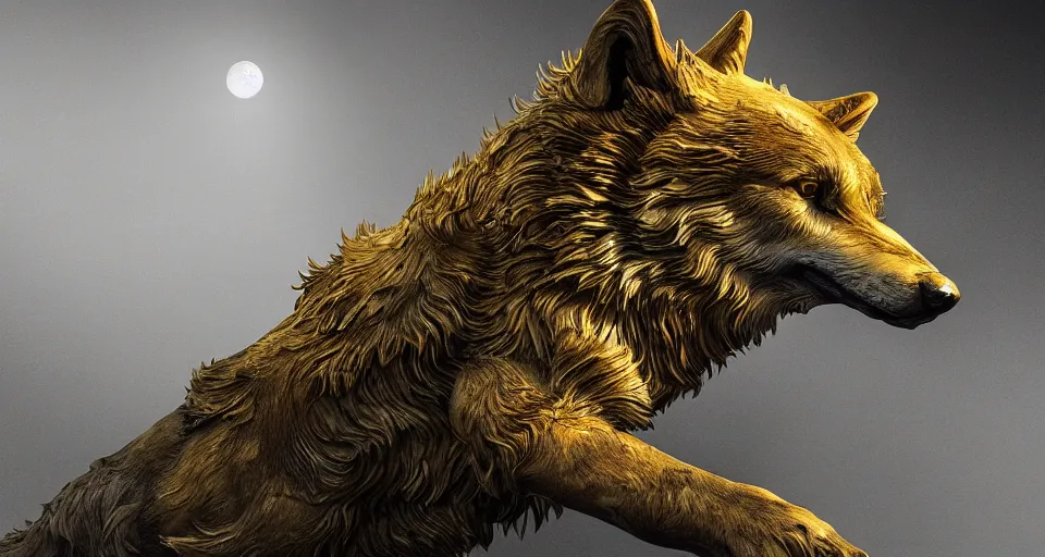 Image similar to wolves and their treasures - golden sculptures of wolves in the mountains - dramatic lighting, highly detailed render, trending on artstation