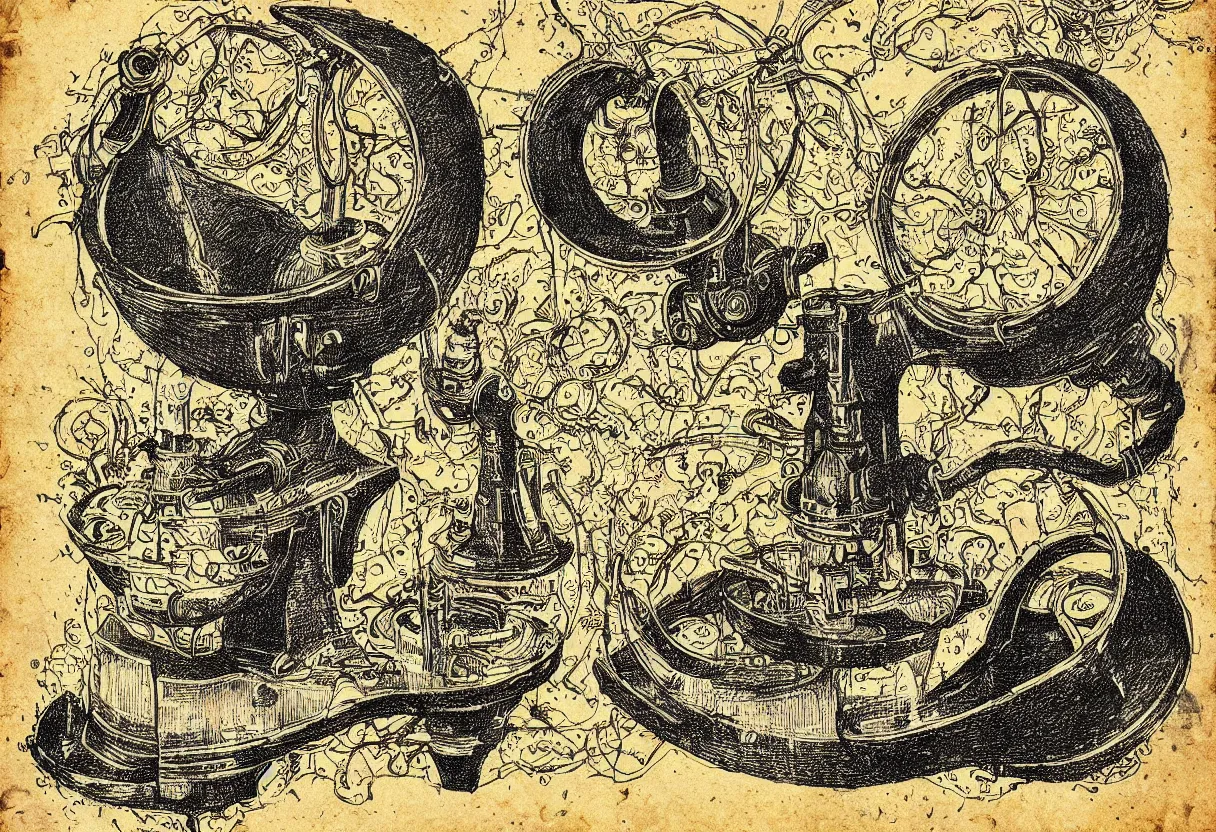 Image similar to occult black magic drawings for making meat grinder, vintage, parchment, cyberpunk, realistic, colors yellow and brown and orange, highly detailed