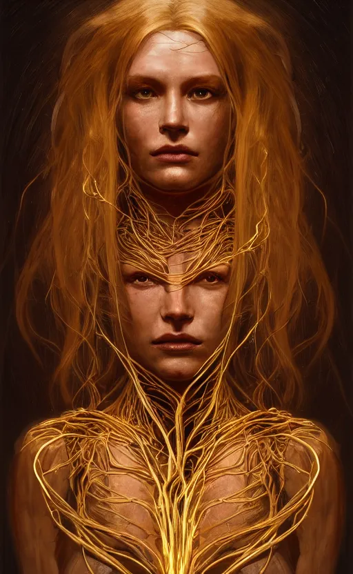 Image similar to portrait of a dark goddess, gold wires, visible veins and nerves and muscles and bones and arteries, intricate, headshot, highly detailed, digital painting, artstation, concept art, sharp focus, cinematic lighting, illustration, art by artgerm and greg rutkowski, alphonse mucha, cgsociety
