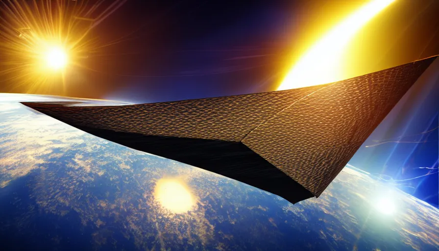 Image similar to solar sail infront of sun, in space, earth visible below, octane render, dramatic