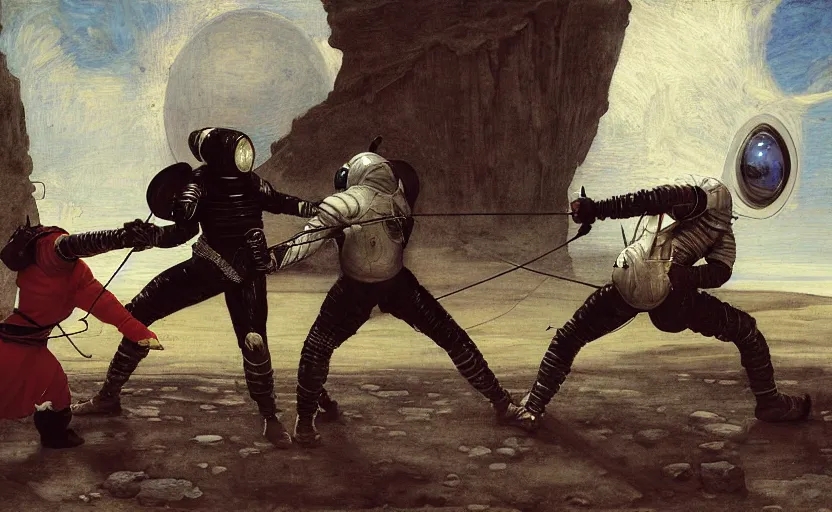 Prompt: a fencing match on the moon by edgar maxence and caravaggio and michael whelan and delacroix style, artistic, intricate painting, cinematic lighting, hyper realistic, extremely detailed, establishing shot, 8 k resolution, dramatic lighting