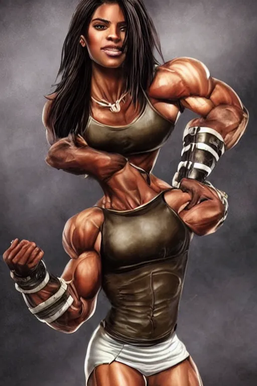 Prompt: realistic photo. fantasy ranger. imposingly tall, broadshouldered, jacked muscular woman. half black half arab. dark skin. face like kendall jenner, dark complexion. hair has white stripe white streak in hair over left ear. modest practical soft brown leather clothing. fully dressed. massively jacked physique. in her 3 0's. ranger. female. clothed.
