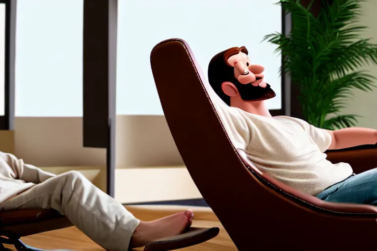 Prompt: an animated caucasian man relaxing on a brown reclined leather chair