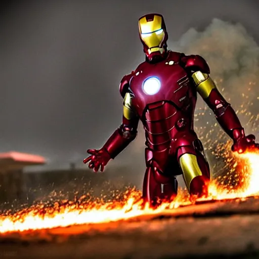 Image similar to iron man, scene from the avengers, explosions, fire, tanks, military, battlefield, war photography