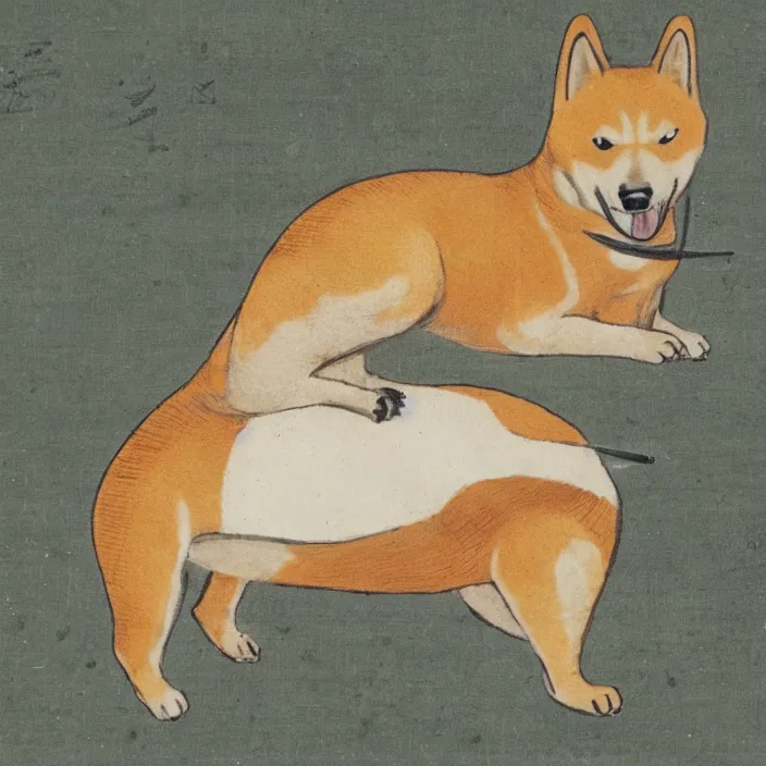 Image similar to a shiba-inu-samurai waking up from a nap, artwork on loan from the historical dog society of japan