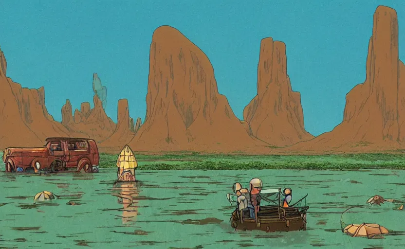 Image similar to a realistic cell - shaded studio ghibli concept art from paprika ( 2 0 0 6 ) of a cubic multi - colored rocketship from close encounters of the third kind ( 1 9 7 7 ) in a flooded monument valley stonehenge jungle jungle on a misty starry night. a camel caravan is in the foreground. very dull colors, portal, hd, 4 k, hq