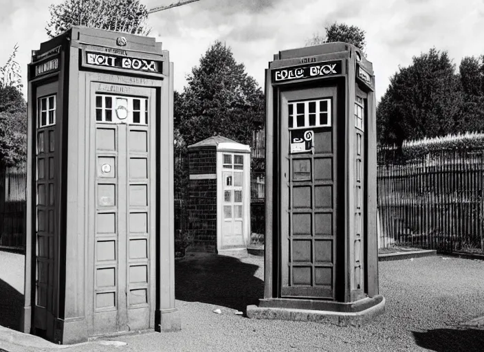 Prompt: photo of a metropolitan police box in front of houses in suburban london, police box, tardis, 1936, sepia