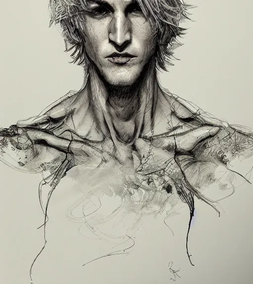 Image similar to portrait of xqc with a strong jawline, pen and ink, intricate line drawings, gigachad, by craig mullins, ruan jia, kentaro miura, greg rutkowski, loundraw