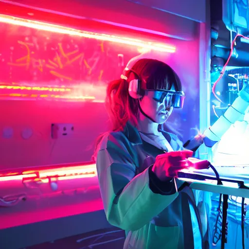 Prompt: a scientist performing an explosive experiment, anime, cyberpunk, neon light