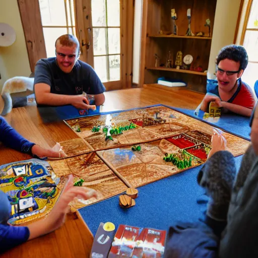 Prompt: wide angle photograph of llamas playing a boardgame, settlers of catan, living room