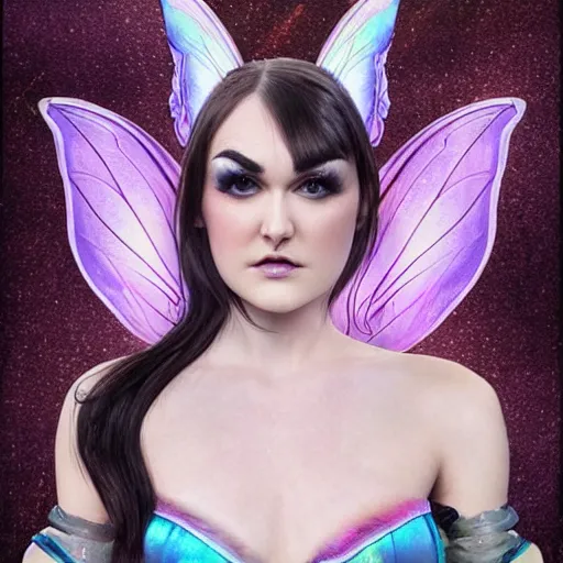 Image similar to sasha grey as a fantasy fairy. iridescent color