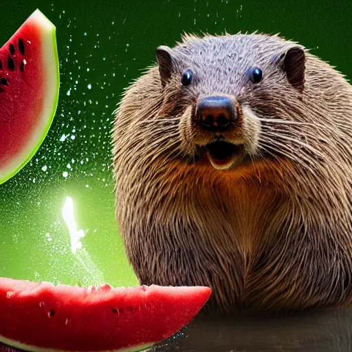 Image similar to a realistic photograph of a beaver spitting watermelon seeds into a bucket, detailed, glow, 8k, hyper-realsim