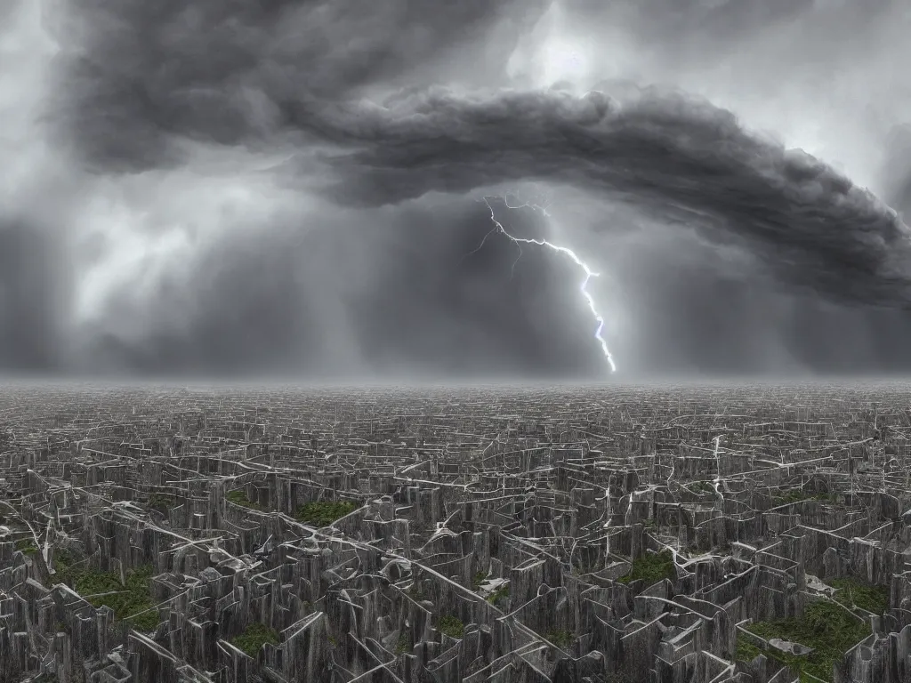 Image similar to supercells, landscapes, unusual super storm, brutalism, craig mullens, cinema 4 d, scifi, moody, atmospheric, cinematic, very high complexity, stunning, masterpiece, very detailed. 4 k