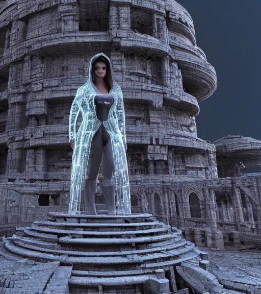 Image similar to tarkovsky best scene, the ancient destroyed majestic tower of babylon, a woman in futuristic cyber clothing, transparent puffer jacket, hyper realistic, cyber blockchain, cyber world, ambient lighting, concept art, intricate, hyper - detailed, smooth, dynamic volumetric lighting, octane, ray trace, cinematic, high quality, high resolution, 4 k, cgsociety