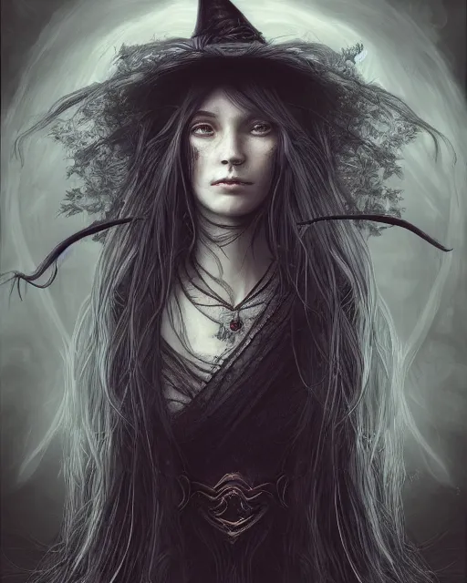 Image similar to portrait of a beautiful female witch with shimmering hair, symmetrical face and eyes, cgsociety, Elden Ring, Dark Souls, Bloodborne