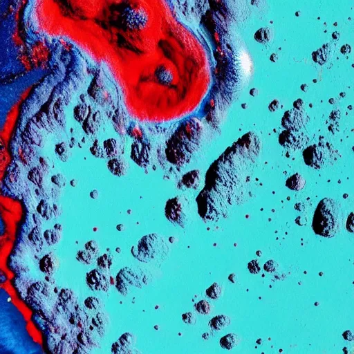 Image similar to a picture of an alien planet, blue planet, red lava rivers, center of the frame