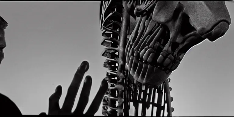 Prompt: photorealistic close up shot cinematography of a steve mcqueen acting in a twilight zone episode about a photoreal h. r. giger designed horse skeleton sculpture with glowing red eyes shot on film at magic hour with the sun shining into a large 6 0's hotel lobby room filled with volumetric haze by the shining cinematographer john alcott on a cooke panchro 2 7 mm lens.