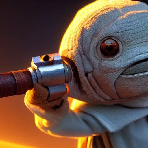 Prompt: a highly detailed Jedi toad with light saber, artstation, DeviantArt, professional, octane render, sunset lighting