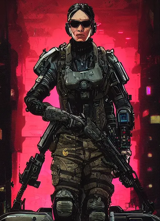 Prompt: cyberpunk blackops commander. night vision. portrait by ashley wood and alphonse mucha and laurie greasley and josan gonzalez and james gurney. spliner cell, apex legends, rb 6 s, hl 2, d & d, cyberpunk 2 0 7 7. realistic face. dystopian setting.