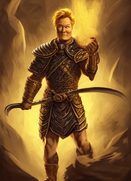 Image similar to detailed illustration of conan o'brien as a dnd paladin with short blond hair and big muscles, yellow hair, casting a protection spell, by raymond swanland