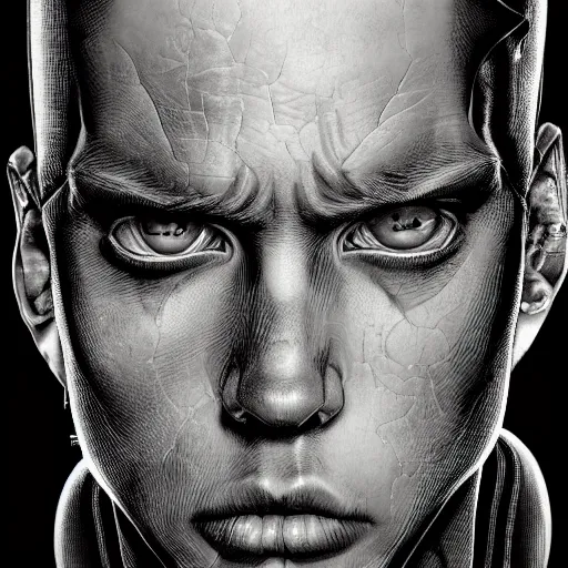 Prompt: portrait closeup of crazy eminem, symmetrical, by yoichi hatakenaka, masamune shirow, josan gonzales and dan mumford, ayami kojima, takato yamamoto, barclay shaw, karol bak, yukito kishiro