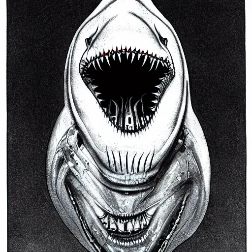 Prompt: giger illustration of a shark, Alien mouth