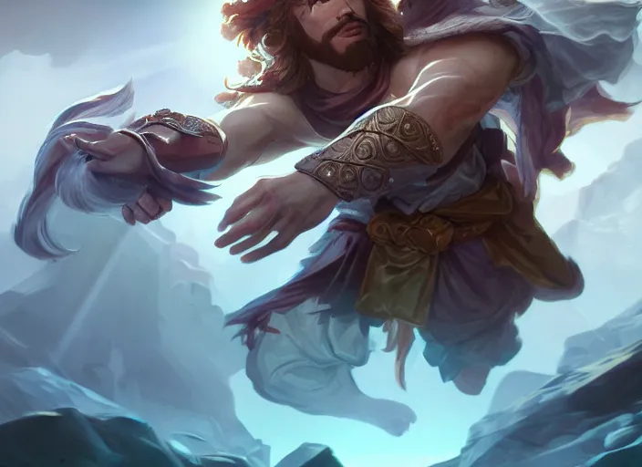 Image similar to jesus christ character concept art, digital illustration, trending on artstation, intricate details, epic composition, sharp focus, 8 k uhd, masterpiece, league of legends splash art