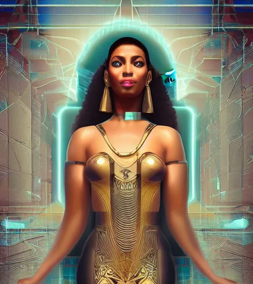 Image similar to symmetry!! egyptian princess of technology, solid cube of light, hard edges, product render retro - futuristic poster scifi, lasers and neon circuits, beautiful brown skin woman egyptian princess, intricate, elegant, highly detailed, digital painting, artstation, concept art, smooth, sharp focus, illustration, dreamlike, art by artgerm