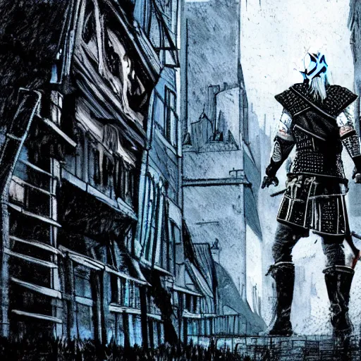 Image similar to Witcher, big city background, artwork by Ben Templesmith, deviantart contest winner,