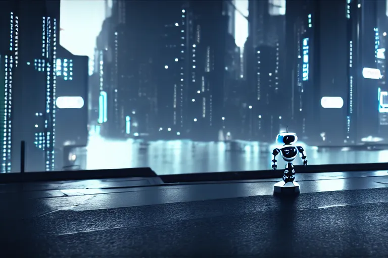 Image similar to a cute little robot in at cyberpunk city. super realistic 8 k render of a elegant, cinematic composition, black and white