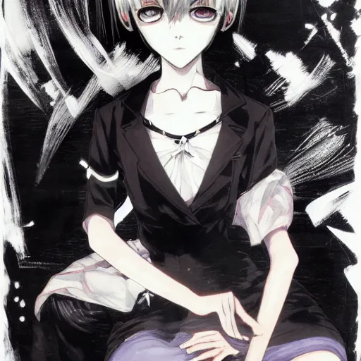 Image similar to Yoshitaka Amano style portrait of an anime girl with short white hair and eyepatch wearing suit with patterns, abstract black and white background in the style of Junji Ito, film grain effect, highly detailed, oil painting, expressive brush strokes