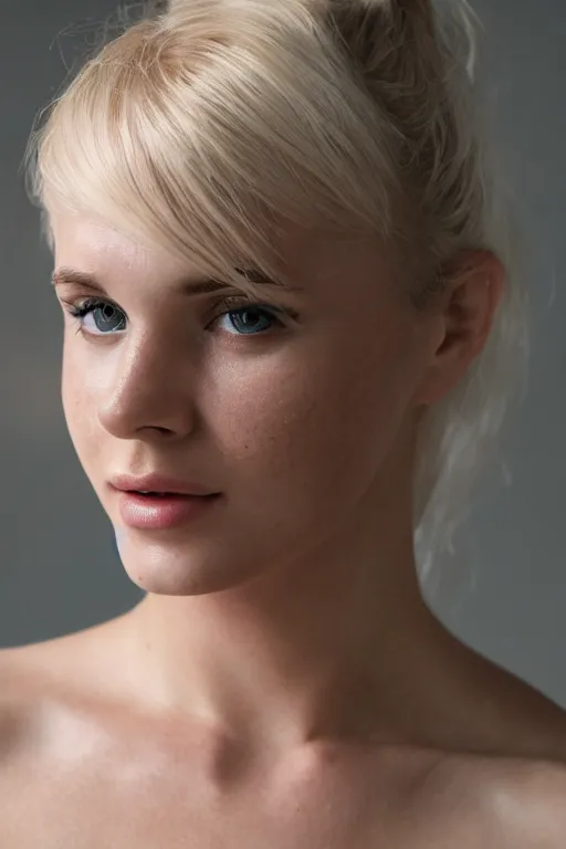 Image similar to 2 4 year old professional blonde female wearing white v - neck top, neck zoomed in, photo realistic, extreme detail skin, light freckles, no filter, slr, golden hour, 4 k, high definition, photograph, selfie