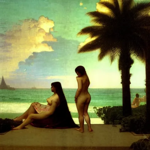 Image similar to Silhouette of two girl at the palace, thunderstorm, greek pool, beach and palm trees on the background major arcana sky, by paul delaroche, alphonse mucha and arnold böcklin arnold böcklin hyperrealistic 8k, very detailed