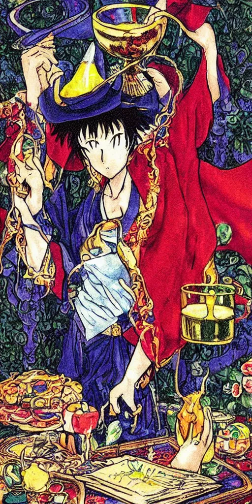 Image similar to a mystical man with a goblet on the table, wizard hat, drawn by Naoko Takeuchi, tarot card